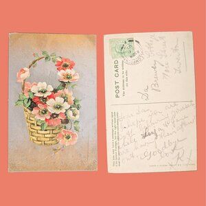 Vintage Postmarked 1908 Postcard Art Nouveau Floral Basket